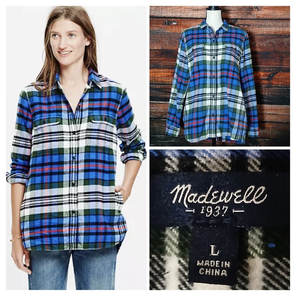 Madewell Flannel Top L Ex Boyfriend Shirt Plaid Pockets Button Front